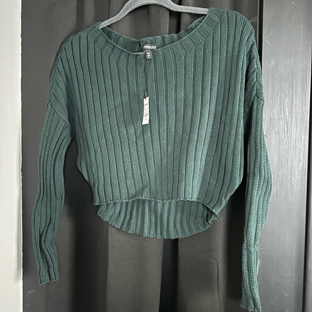 Express Green Ribbed Crew Neck Cropped Sweater